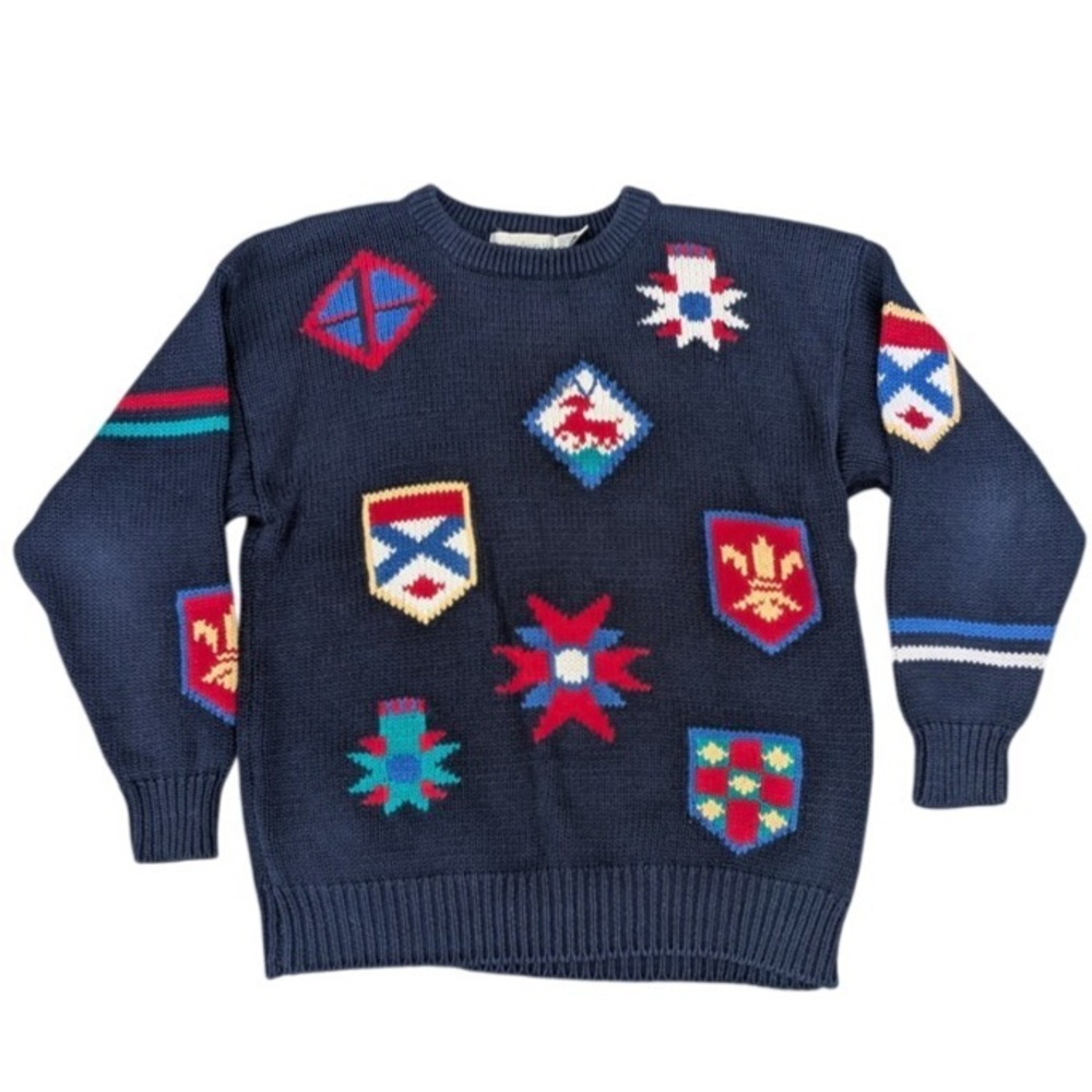 Vintage Robert‎ Scott Knit Crew Neck Shields Patches Preppy Sweater Women's XL